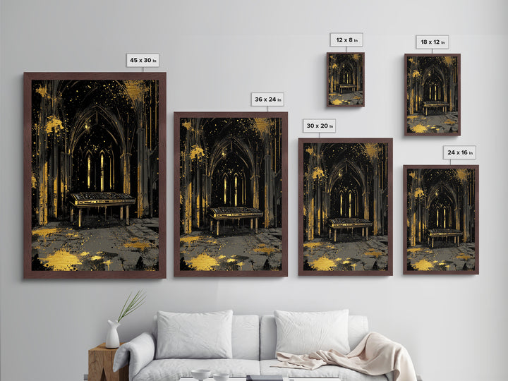 Spooky Gothic Church Metallic Gold Art Metal Art Halloween Wall Decor Haunted Cathedral Nightclub Vibe in Real Wood Frame