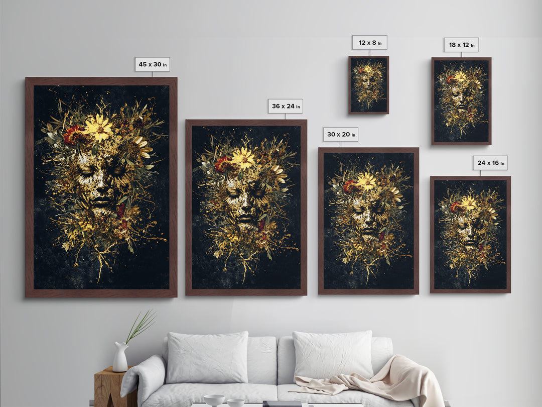 Floral Gothic Mask Metallic Gold Art Metal Art Creepy Halloween Portrait Print Framed In Real Wood For Spooky Home Decor