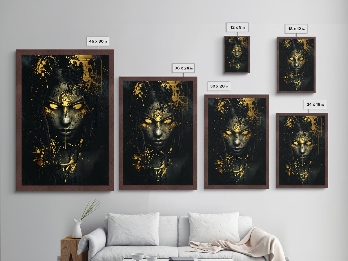 Witchy Woman Metallic Gold Art Spooky Season Portrait, Creepy Metal Art With Fiery Eyes, Halloween Wall Art In Real Wood Frame