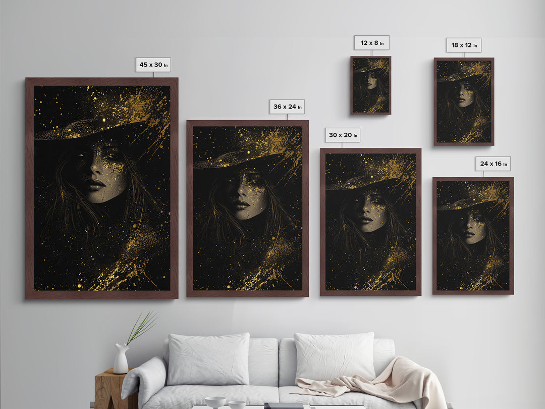 Dark Enchantress Metallic Gold Art Witchy Portrait, Metal Art Halloween Wall Hanging, Spooky Season Magic Framed In Real Wood