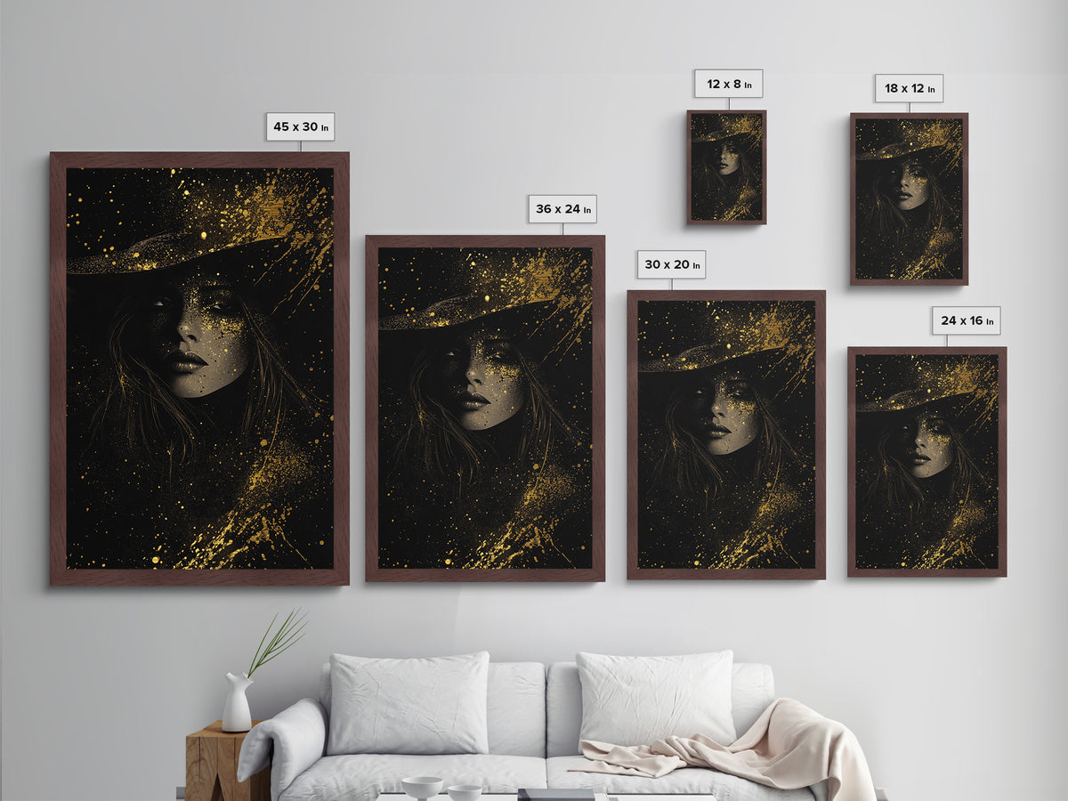 Dark Enchantress Metallic Gold Art Witchy Portrait, Metal Art Halloween Wall Hanging, Spooky Season Magic Framed In Real Wood