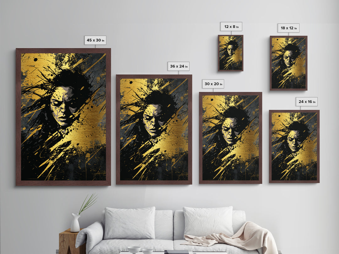 Sinister Face Metallic Gold Art Haunted Halloween Portrait, Gothic Metal Art Spooky Season Wall Design, With Real Wood Framing