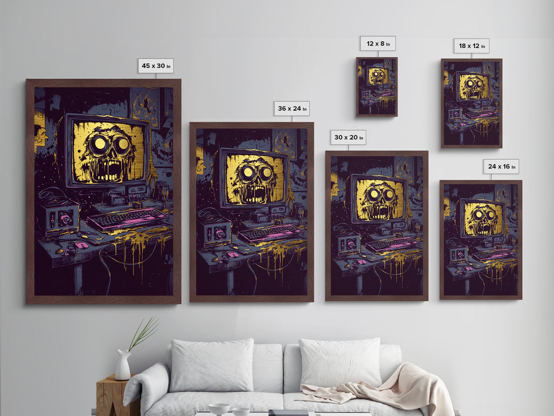 Haunted Computer Metallic Gold Art Creepy Tech Horror, Spooky Season Metal Art For Halloween, Gothic Wall Piece In Real Wood Frame