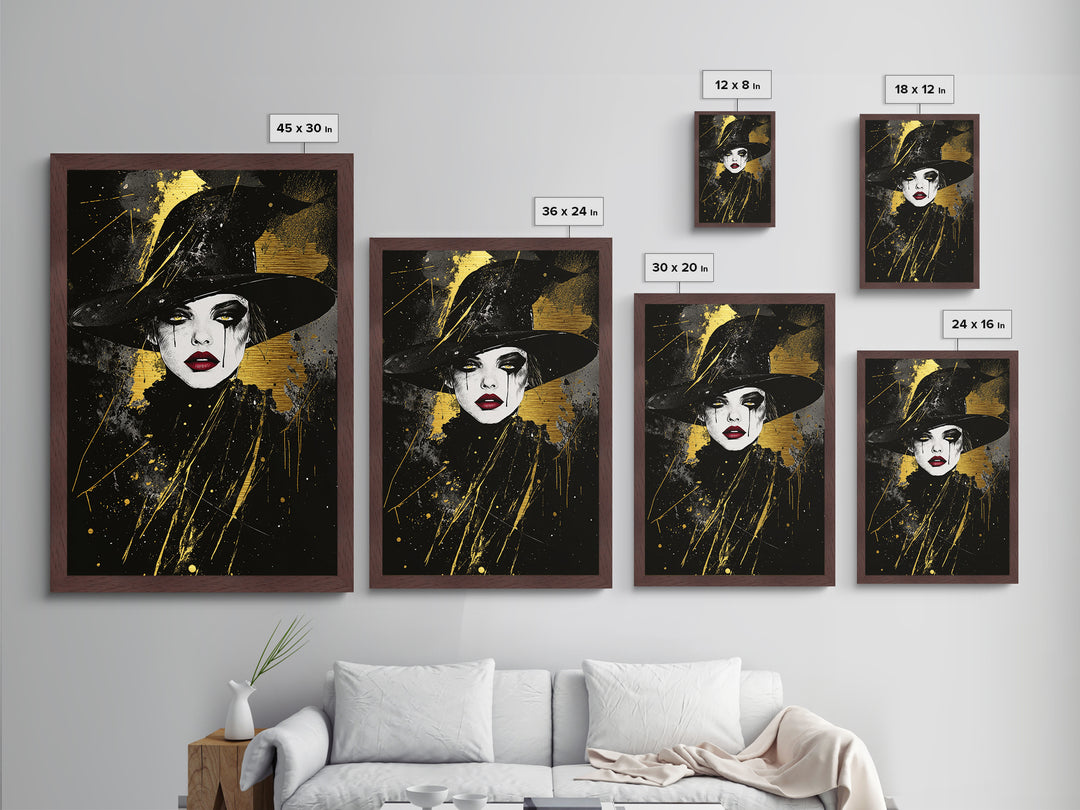Spooky Witch Hat Metallic Gold Art Metal Art | Gothic Halloween Wall Print Crafted with Natural Wood Frame for Haunted Home Decor