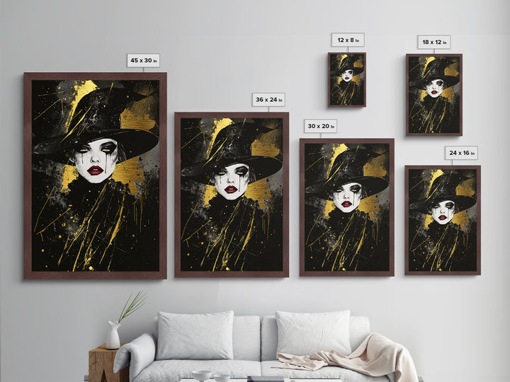 Spooky Witch Hat Metallic Gold Art Metal Art | Gothic Halloween Wall Print Crafted with Natural Wood Frame for Haunted Home Decor
