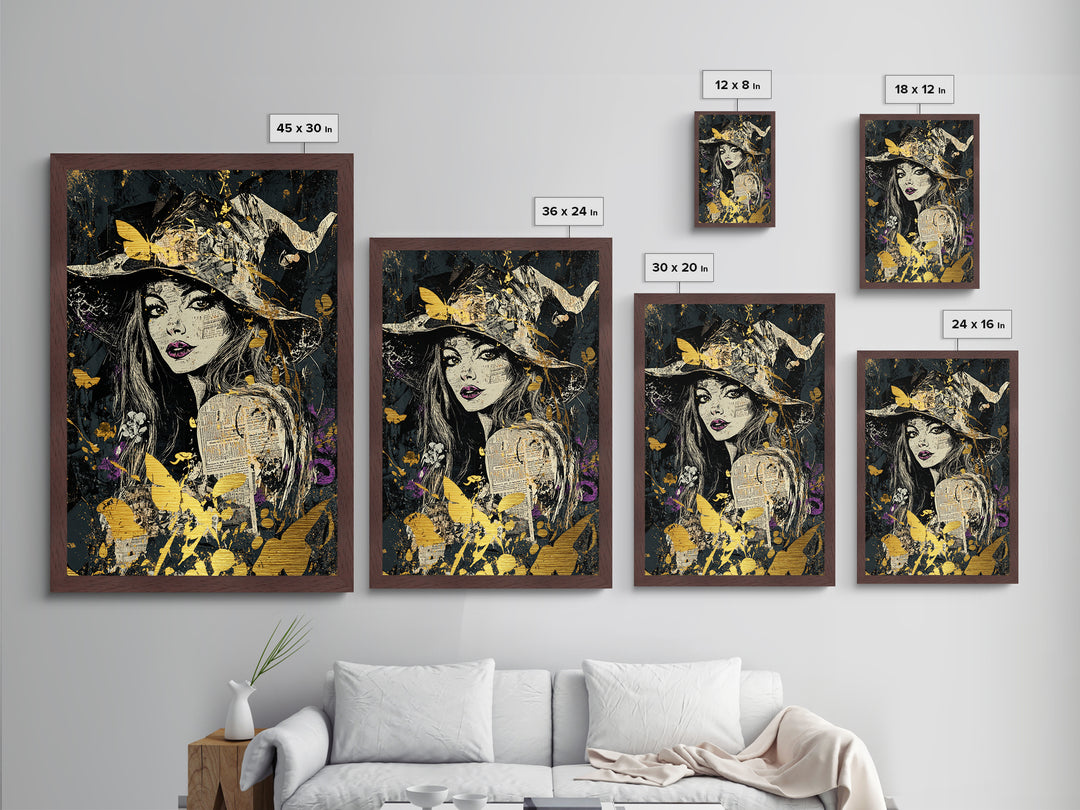 Witch Hat Woman Portrait Metallic Gold Art Metal Art Halloween Wall Decor Spooky Gothic Witchy Illustration in Real Wood Frame