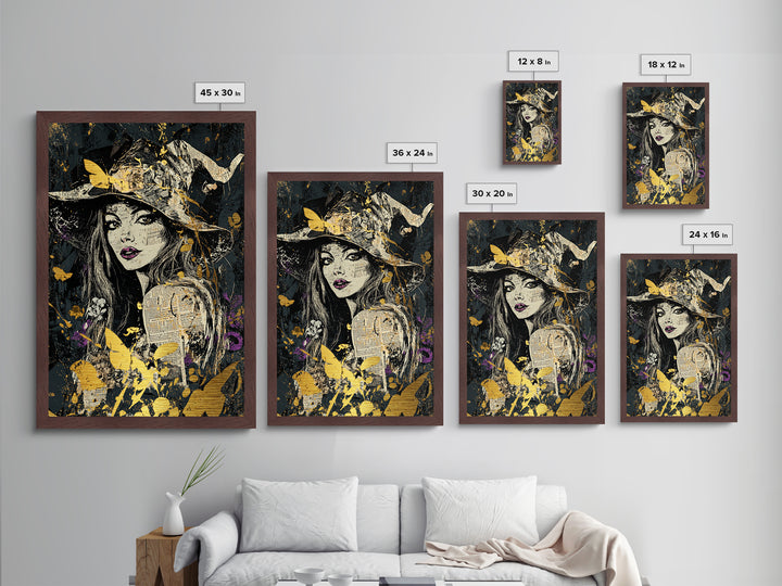 Witch Hat Woman Portrait Metallic Gold Art Metal Art Halloween Wall Decor Spooky Gothic Witchy Illustration in Real Wood Frame