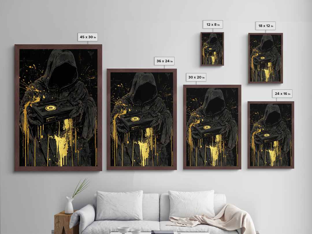 Dark Reaper with Turntable Metallic Gold Art, Spooky DJ Death Metal Art, Horror Halloween Wall Hanging in Solid Wood Frame