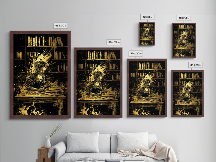 Witchy Woman in Library Metallic Gold Art, Gothic Scholar Halloween Metal Art, Spooky Season Wall Print with Natural Wood Frame
