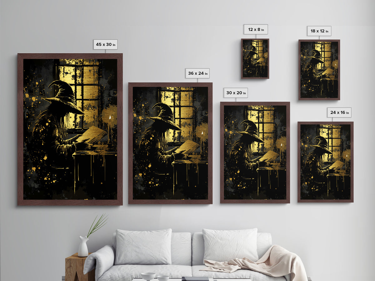 Creepy Witch Reading Candlelight Metallic Gold Art, Haunted Gothic Wizard Metal Art, Halloween Decor Framed in Authentic Wood
