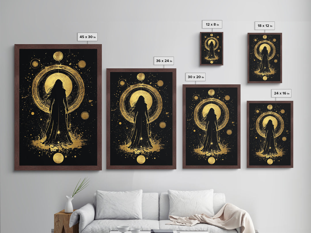 Cosmic Goddess Metallic Gold Art, Spooky Celestial Halloween Metal Art, Gothic Witchy Season Decor Framed in Natural Wood