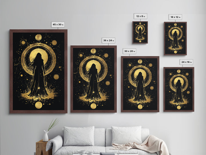 Cosmic Goddess Metallic Gold Art, Spooky Celestial Halloween Metal Art, Gothic Witchy Season Decor Framed in Natural Wood