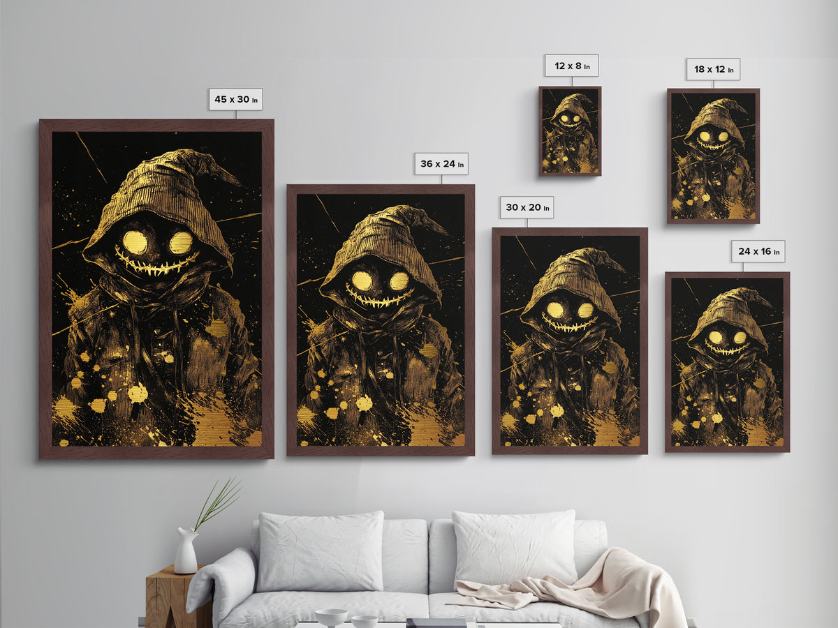Creepy Smiling Hooded Monster Metallic Gold Art, Horror Grinning Demon Metal Art, Gothic Halloween Wall Hanging with Wood Frame