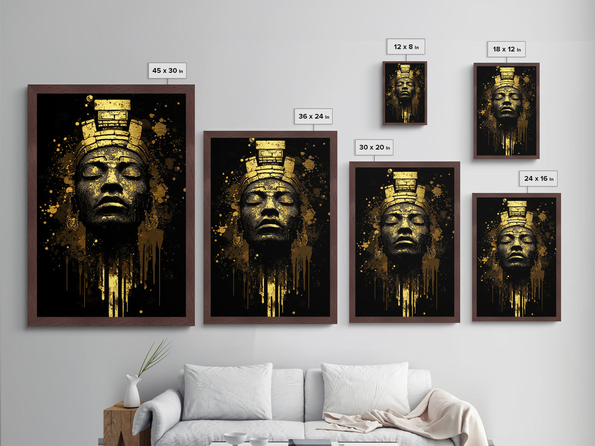 Ancient Gothic Idol Metallic Gold Art, Haunted Masked Statue Metal Art, Spooky Season Horror Wall Decor with Framed Real Wood