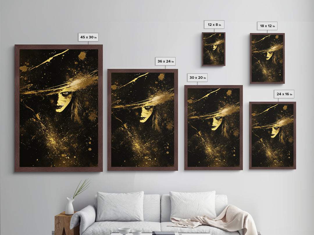 Witchy Haunted Portrait Metallic Gold Art, Gothic Horror Metal Art Print with Real Wood Framing, Spooky Season Wall Decor