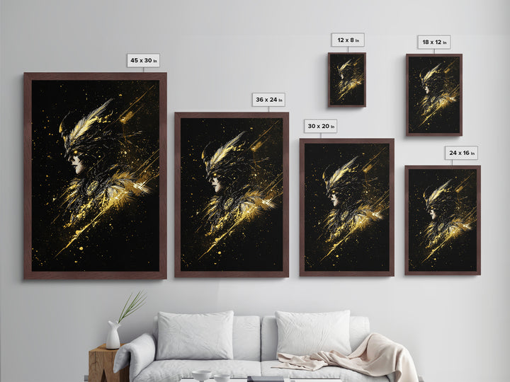 Gothic Valkyrie Warrior Metal Art, Metallic Gold Art with Fantasy Spooky Style, Halloween Print Framed in Real Wood