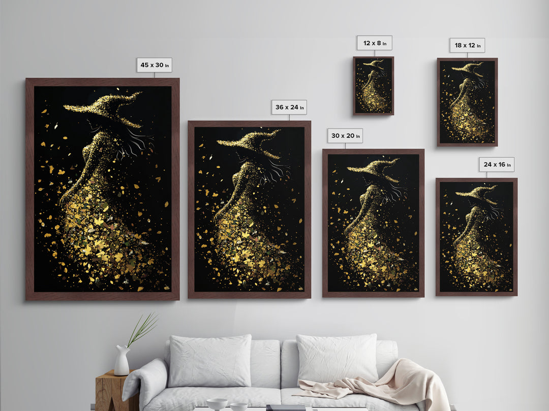 Witchy Woman of Autumn Metallic Gold Art, Enchanted Spooky Season Metal Art Print in Real Wood Frame, Gothic Halloween Decor
