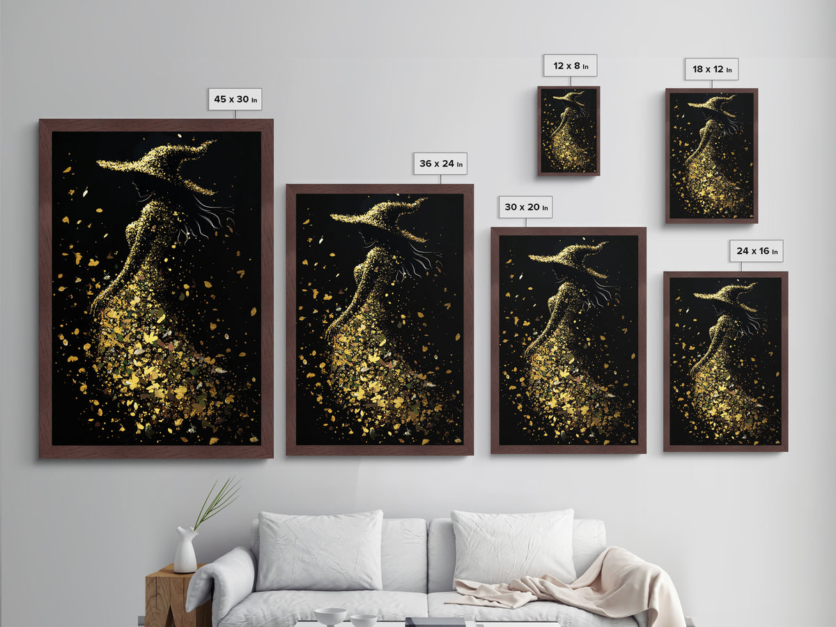 Witchy Woman of Autumn Metallic Gold Art, Enchanted Spooky Season Metal Art Print in Real Wood Frame, Gothic Halloween Decor