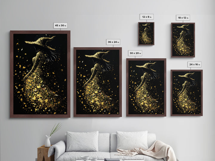 Witchy Woman of Autumn Metallic Gold Art, Enchanted Spooky Season Metal Art Print in Real Wood Frame, Gothic Halloween Decor