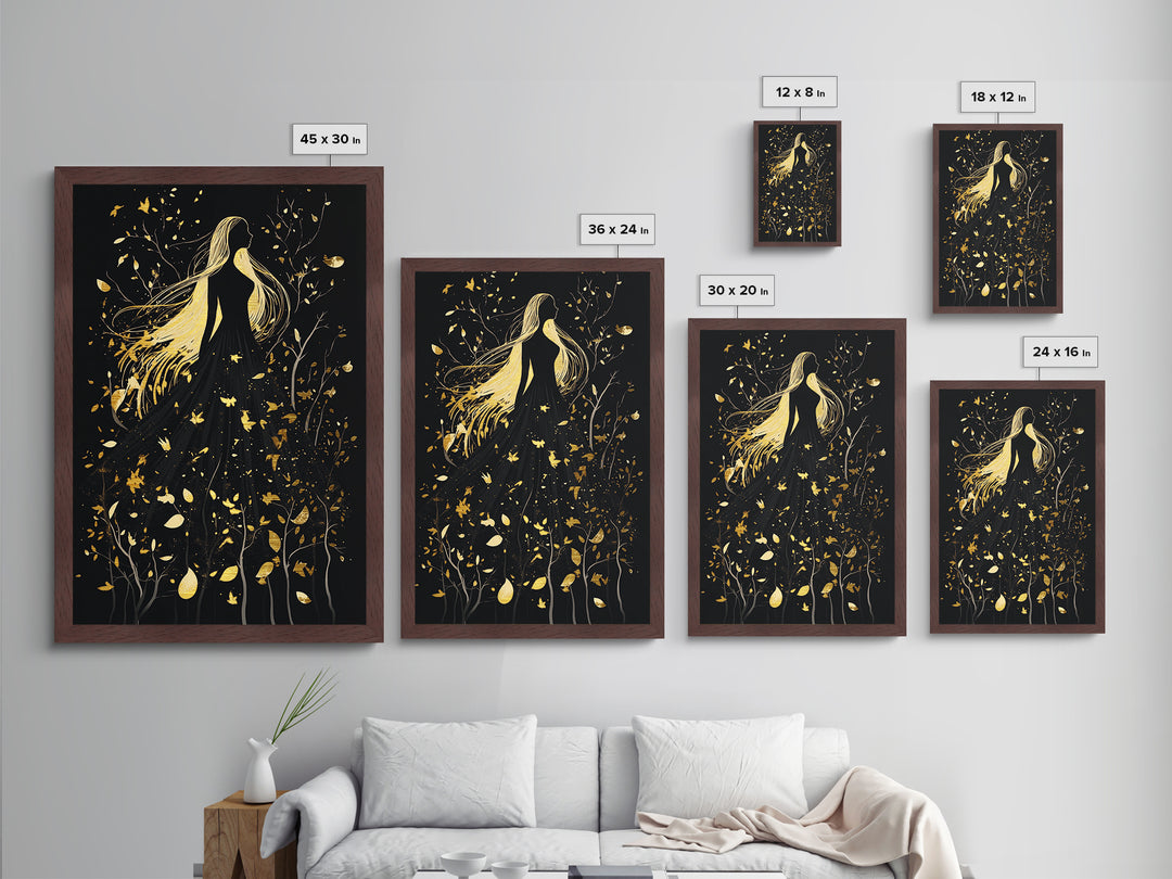 Creepy Feathered Profile Metallic Gold Art | Gothic Silhouette Metal Art with Real Wood Frame for Spooky Season Halloween Wall Decor
