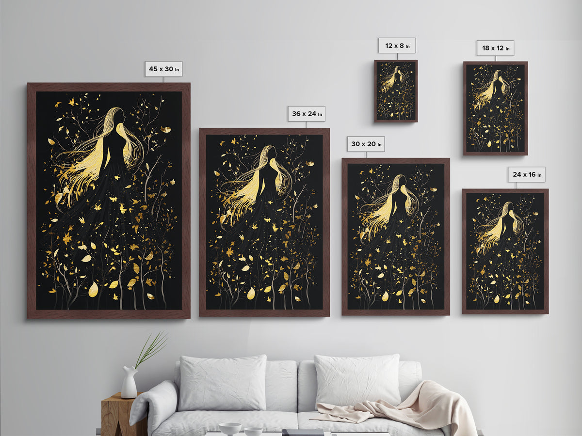 Creepy Feathered Profile Metallic Gold Art | Gothic Silhouette Metal Art with Real Wood Frame for Spooky Season Halloween Wall Decor