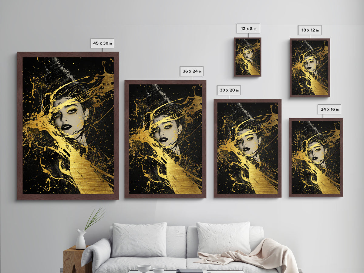 Mystical Face in Gold Splatter Metallic Gold Art | Haunted Gothic Metal Art with Real Wood Frame for Spooky Season Halloween Wall Decor