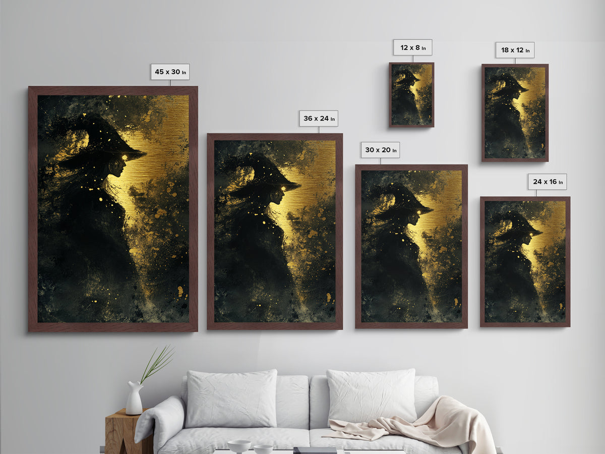 Witchy Halloween Metallic Gold Art Metal Art – Gothic Witch Silhouette in Natural Wood Frame, Spooky Season Wall Decor