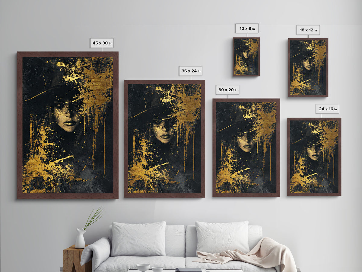 Haunted Sorceress Portrait Metallic Gold Art Metal Art – Spooky Gothic Halloween Wall Hanging in Real Wood Frame