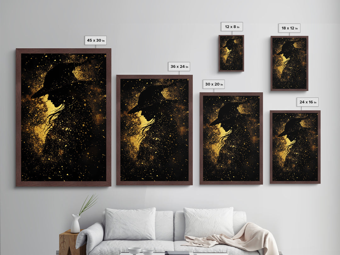 Creepy Witch Silhouette Metallic Gold Art Metal Art – Spooky Season Decor Framed in Rustic Real Wood, Halloween Wall Art
