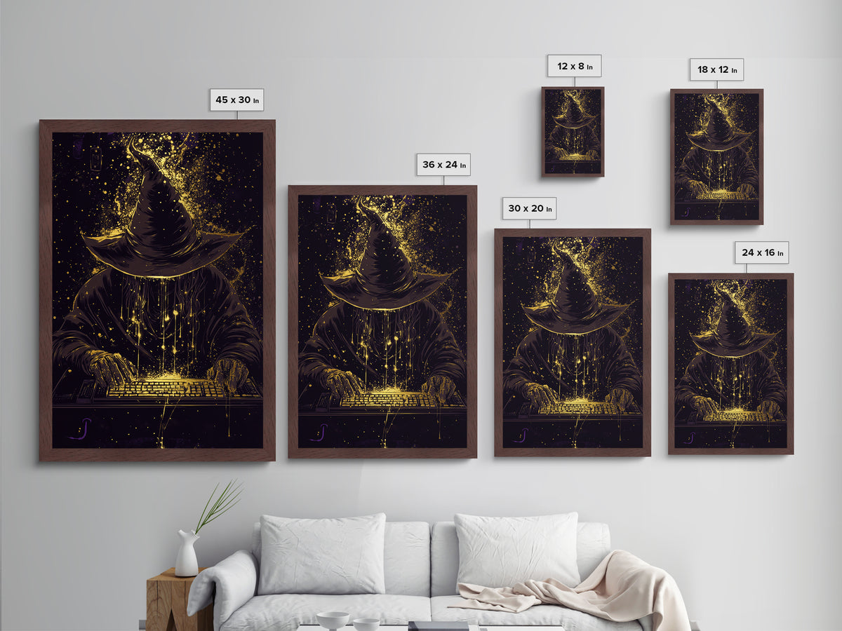Dark Wizard Hacker Metallic Gold Art Metal Art – Spooky Tech Witch Wall Print with Real Wood Frame, Haunted Season Decor