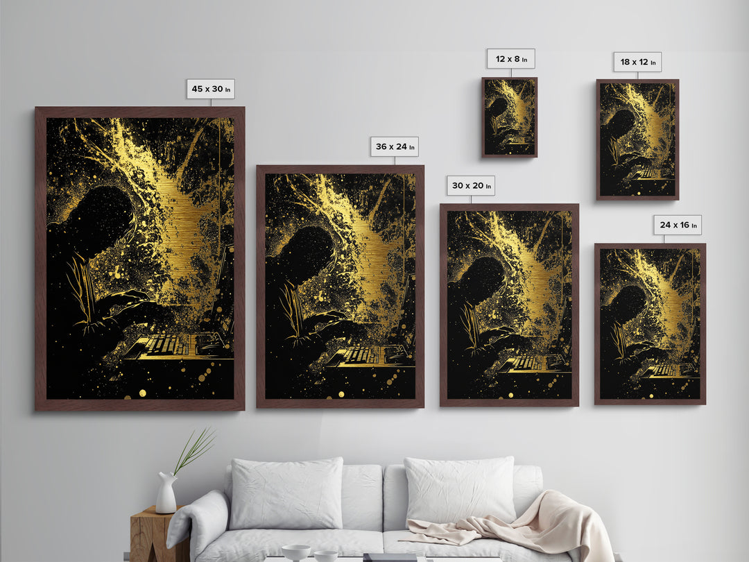 Cyber Spooky Hacker Metallic Gold Art Metal Art – Creepy Halloween Digital Sorcery Print in Real Wood Frame, Gothic Wall Art