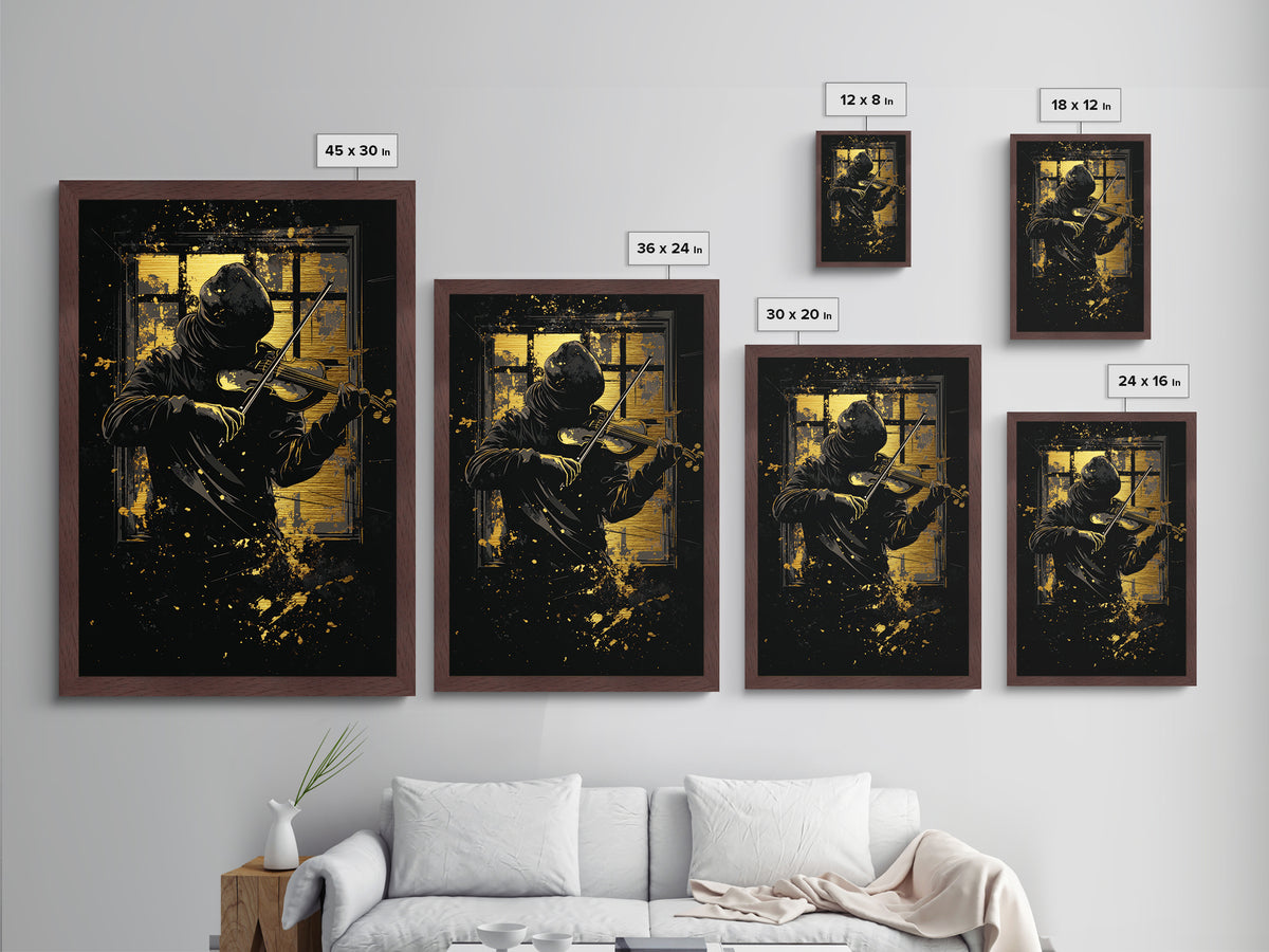 Mysterious Hooded Violinist Metallic Gold Art Metal Art – Spooky Musician Halloween Print with Real Wood Frame Gothic Wall Hanging