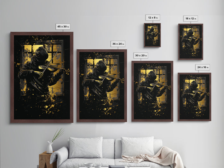 Mysterious Hooded Violinist Metallic Gold Art Metal Art – Spooky Musician Halloween Print with Real Wood Frame Gothic Wall Hanging