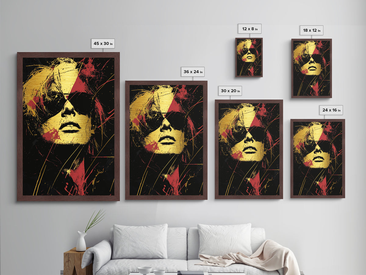 Spooky Glam Rocker Metallic Gold Art Metal Art – Gothic Punk Halloween Wall Print with Real Wood Frame, Creepy Haunted Decor