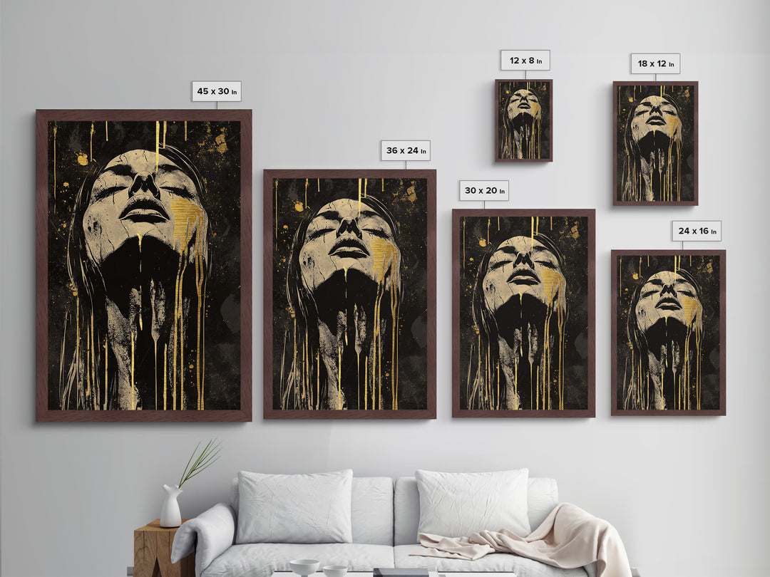 Haunting Metallic Gold Art Creepy Face | Horror Inspired Metal Art | Spooky Gothic Wall Print with Real Wood Frame