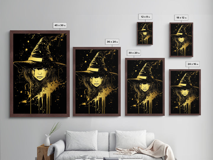 Creepy Metallic Gold Art | Horror Metal Art Witch Portrait | Gothic Spooky Season Wall Hanging with Real Wood Framing