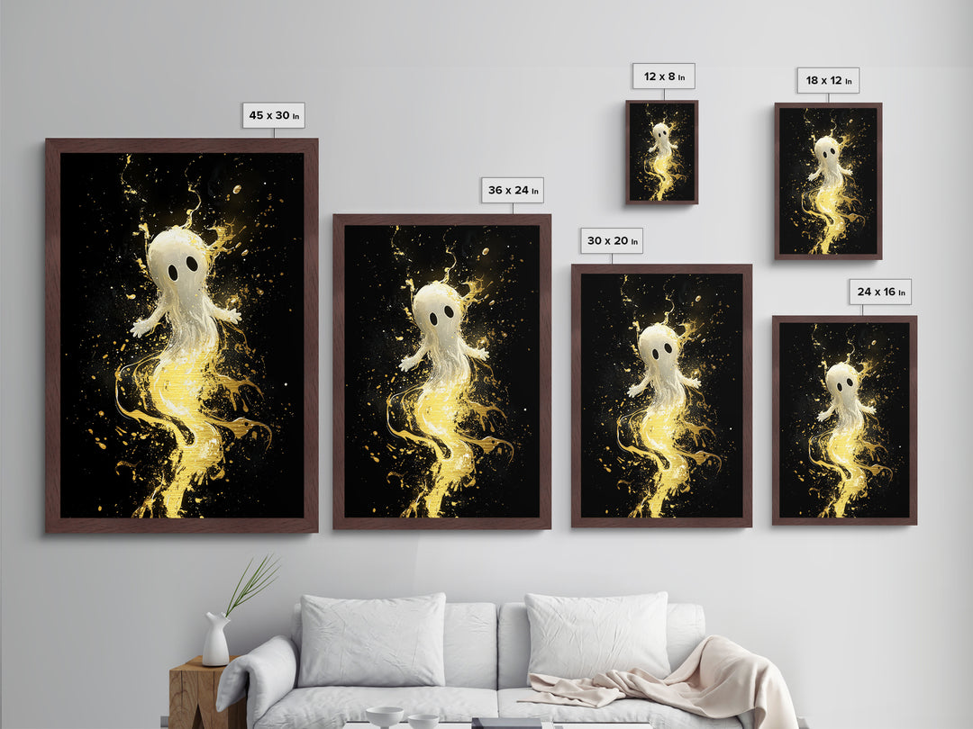 Cute Ghost Floating in Gold Splatter – Metallic Gold Art, Halloween Metal Art Print with Real Wood Frame, Whimsical Spooky Decor