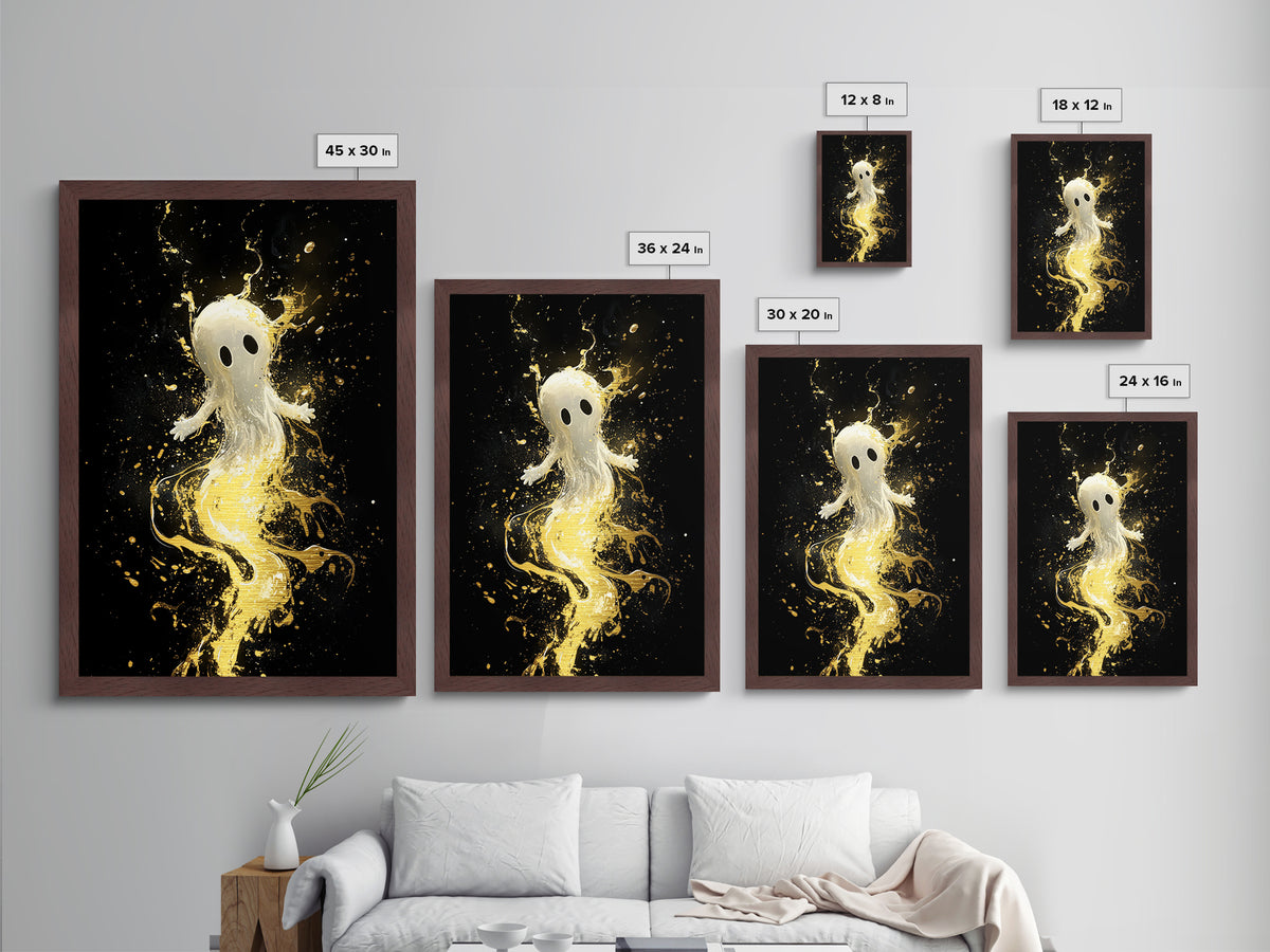 Cute Ghost Floating in Gold Splatter – Metallic Gold Art, Halloween Metal Art Print with Real Wood Frame, Whimsical Spooky Decor