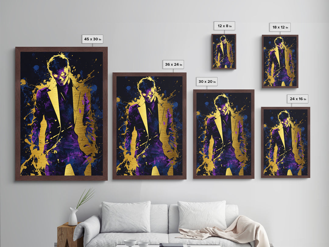 Skeleton Suit Horror Man Metallic Gold Art Metal Art Halloween Wall Decor Spooky Haunted Villain Character in Real Wood Frame