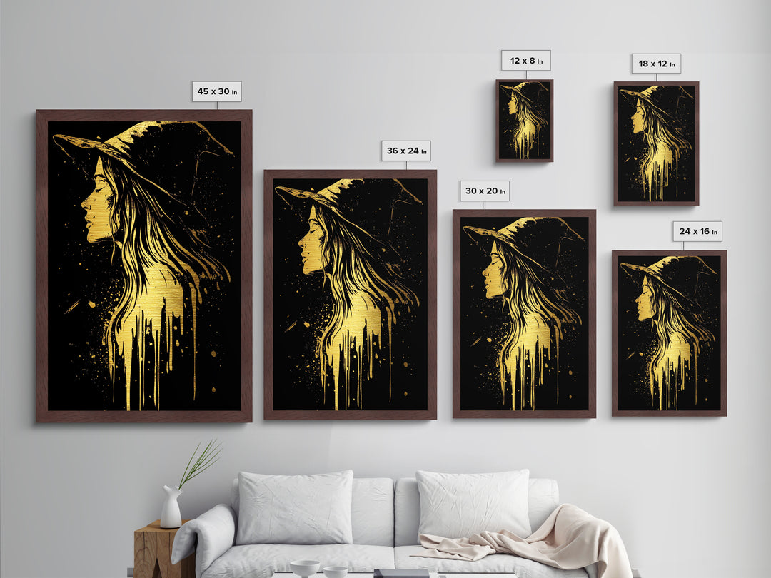 Halloween Metallic Gold Art | Witch Silhouette Metal Art | Spooky Haunted Gothic Wall Print in Handcrafted Real Wood Frame