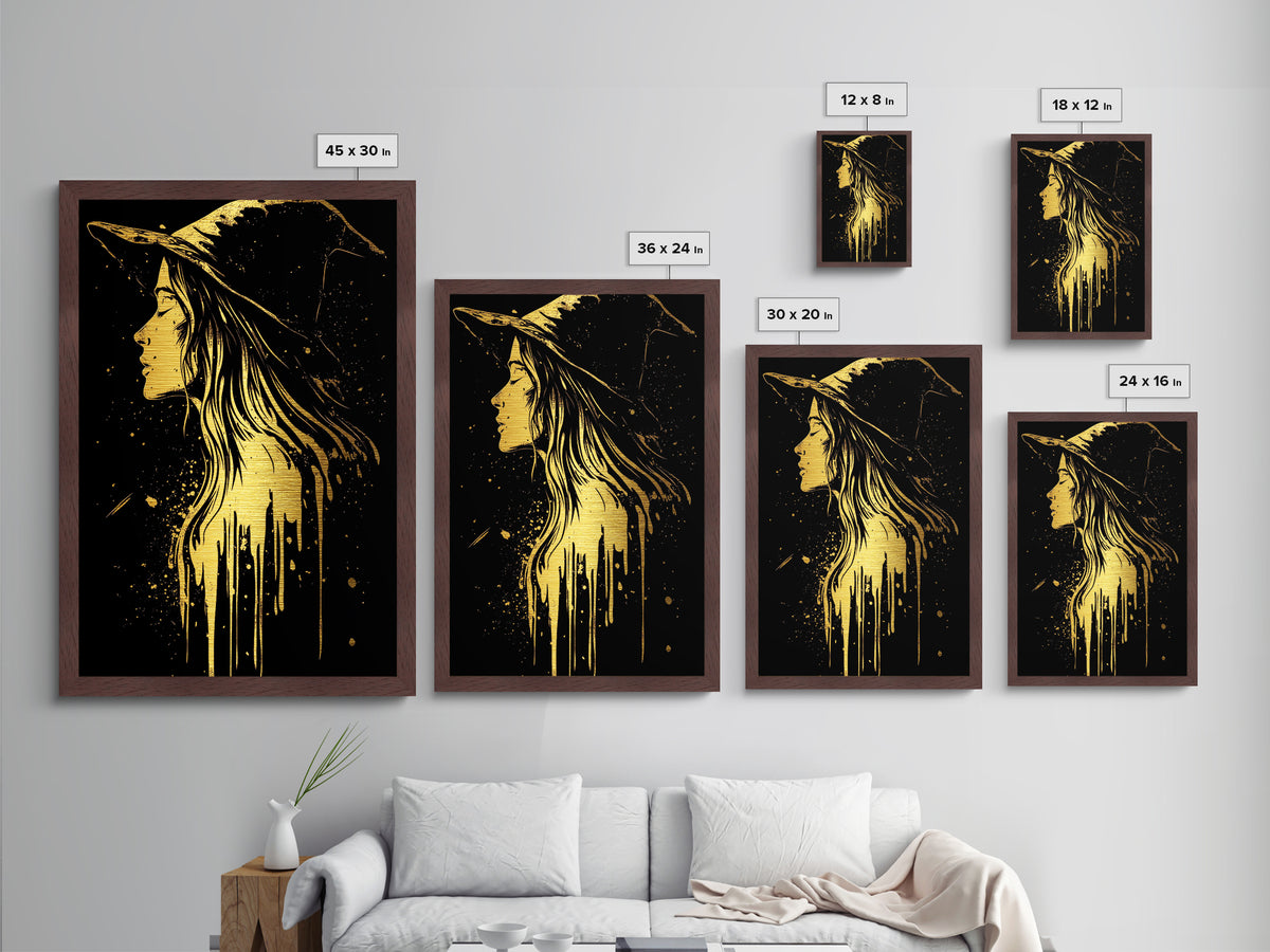 Halloween Metallic Gold Art | Witch Silhouette Metal Art | Spooky Haunted Gothic Wall Print in Handcrafted Real Wood Frame