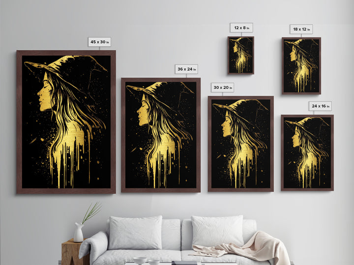 Halloween Metallic Gold Art | Witch Silhouette Metal Art | Spooky Haunted Gothic Wall Print in Handcrafted Real Wood Frame