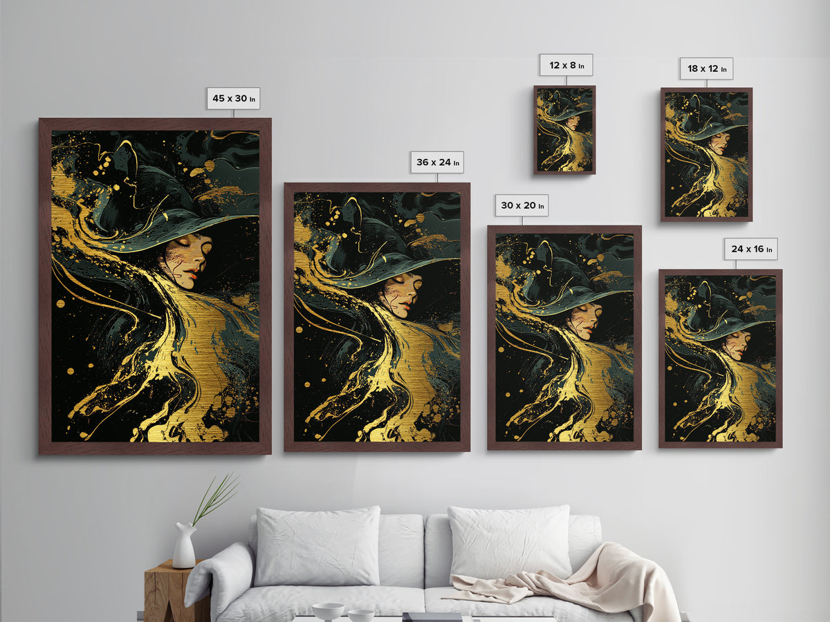 Flowing Witch Metallic Gold Art Wall Hanging, Gothic Spooky Season Metal Art, Halloween Witch Portrait in Wood Frame