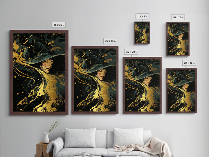 Flowing Witch Metallic Gold Art Wall Hanging, Gothic Spooky Season Metal Art, Halloween Witch Portrait in Wood Frame