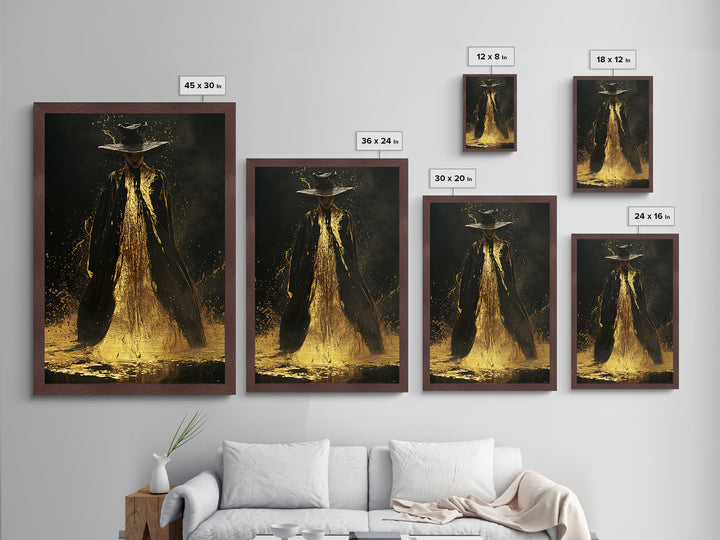 Mystic Witch Metallic Gold Art Wall Print, Gothic Spooky Metal Art, Halloween Enchanted Portrait with Solid Wood Frame