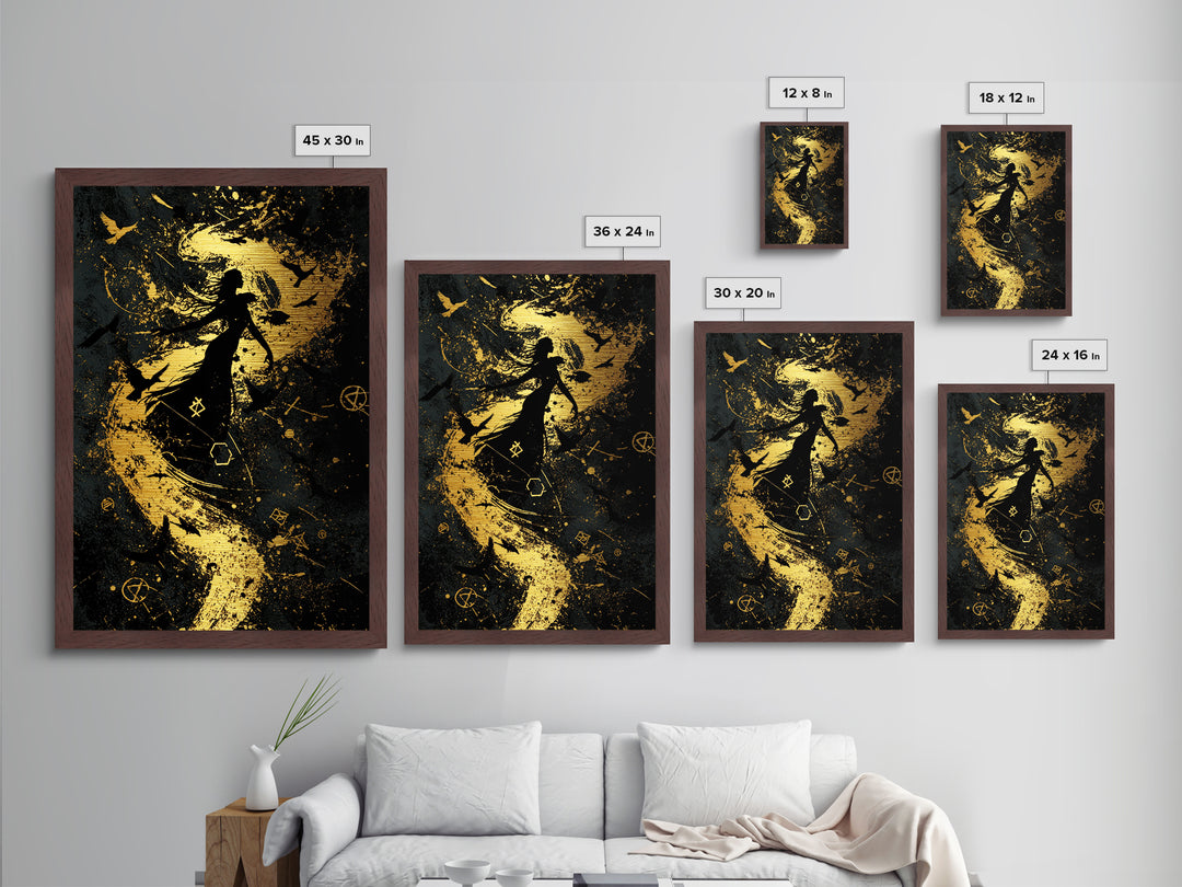 Occult Witch Metallic Gold Art Print, Spooky Season Metal Art, Gothic Halloween Wall Hanging Framed in Real Wood