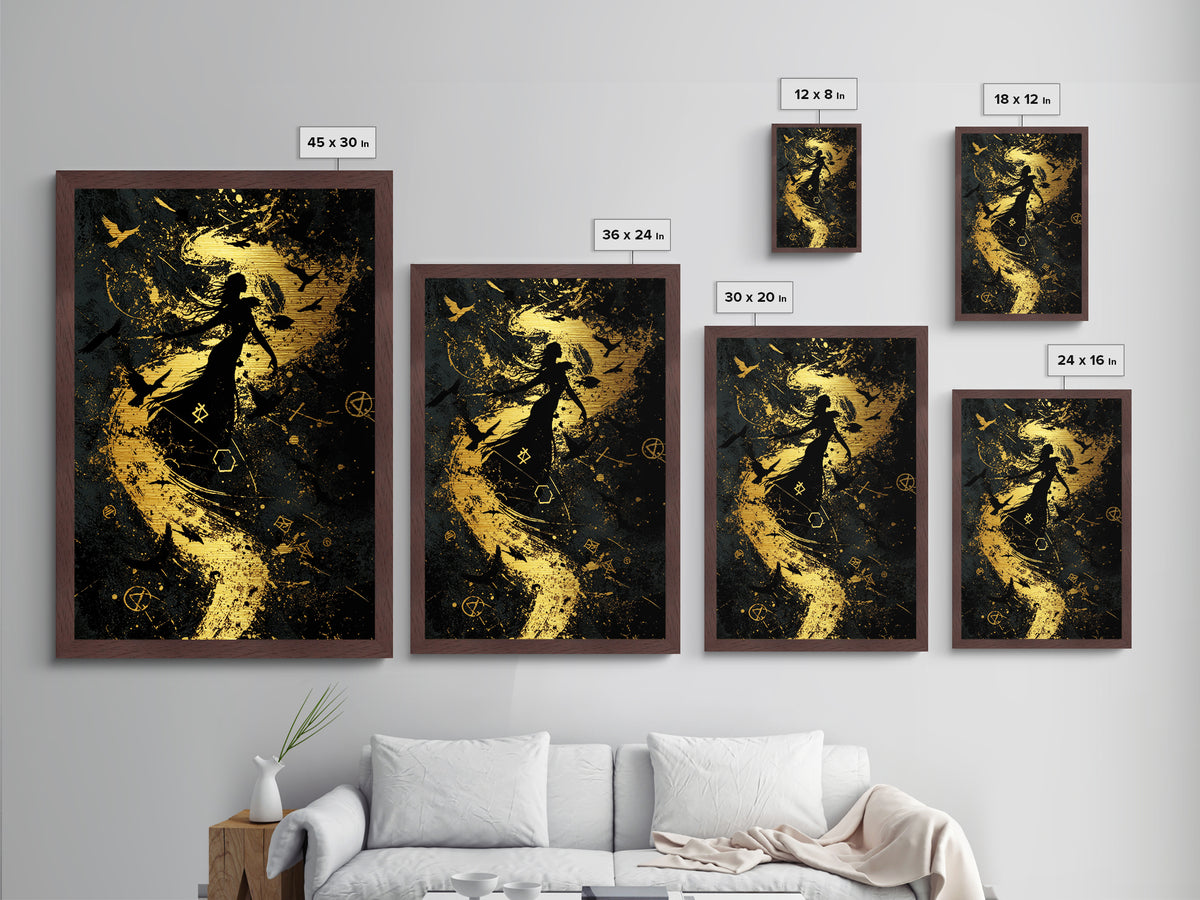 Occult Witch Metallic Gold Art Print, Spooky Season Metal Art, Gothic Halloween Wall Hanging Framed in Real Wood