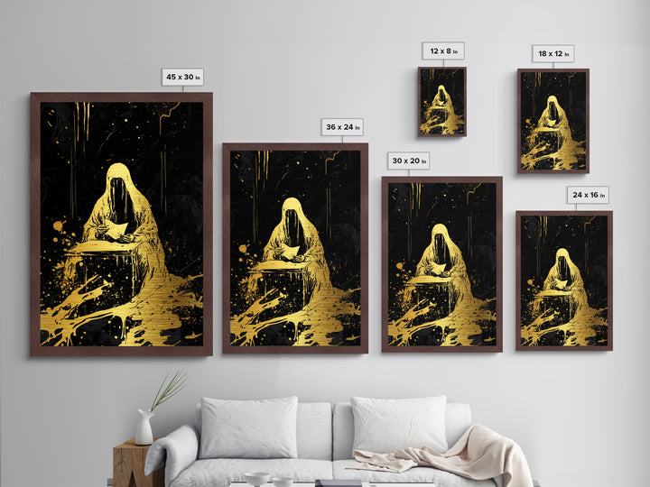 Grim Reaper Reading Gothic Metallic Gold Art Metal Art Creepy Haunted Wall Print with Real Wood Frame for Spooky Season