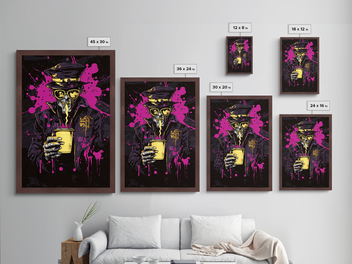 Skeleton Bartender Metallic Gold Art Metal Art Gothic Skull Drinking Print Halloween Spooky Decor with Natural Wood Frame