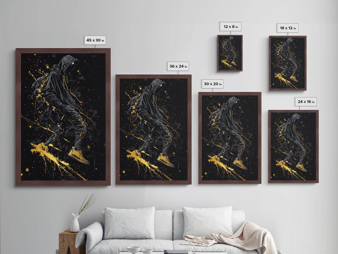 Metallic Gold Art Cyberpunk Hoodie Halloween Wall Decor | Spooky Streetwear Metal Art with Real Wood Frame | Dark Urban Gothic